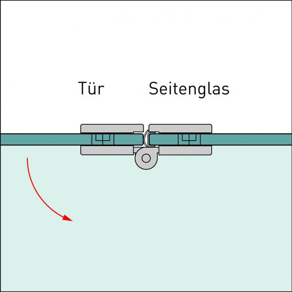 Glas-Glas-Scharnier, Montage 180°, mit Gegenplatten, nach außen öffnend