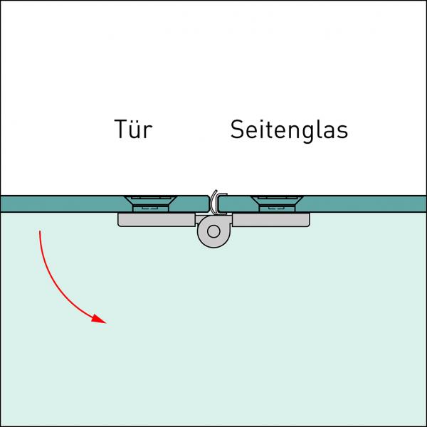 Glas-Glas-Scharnier, Montage 180°, flächenbündig im Glas, nach außen öffnend