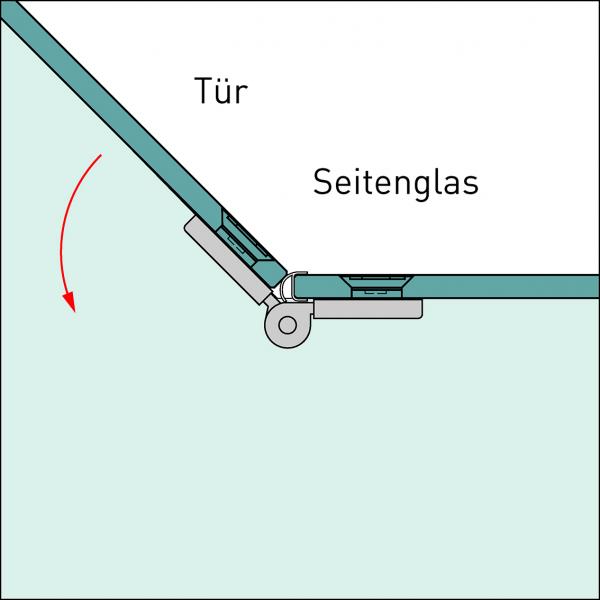 Glas-Glas-Scharnier, Montage 135°, flächenbündig im Glas, nach außen öffnend