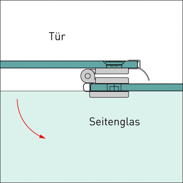 Glas-Glas-Scharnier, Türglas überlappend mit Gegenplatten außen, innen flächenbündig im Glas, nach außen öffnend